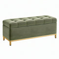 Panca contenitore 120 x 45 x 48 cm in velluto verde oliva con gambe dorate stile moderno