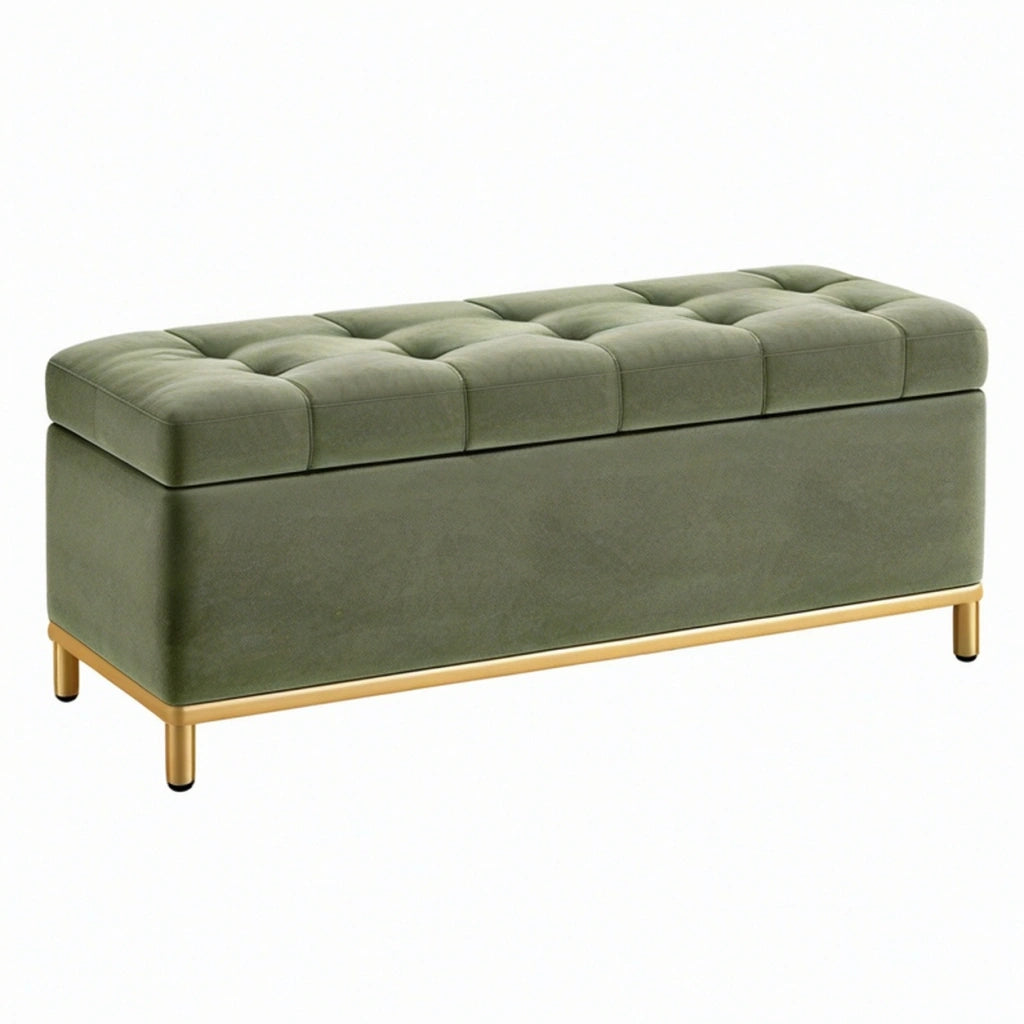 Panca contenitore 120 x 45 x 48 cm in velluto verde oliva con gambe dorate stile moderno