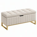 Panca contenitore 100 cm in tessuto beige con struttura in metallo dorato - seduta imbottita trapuntata