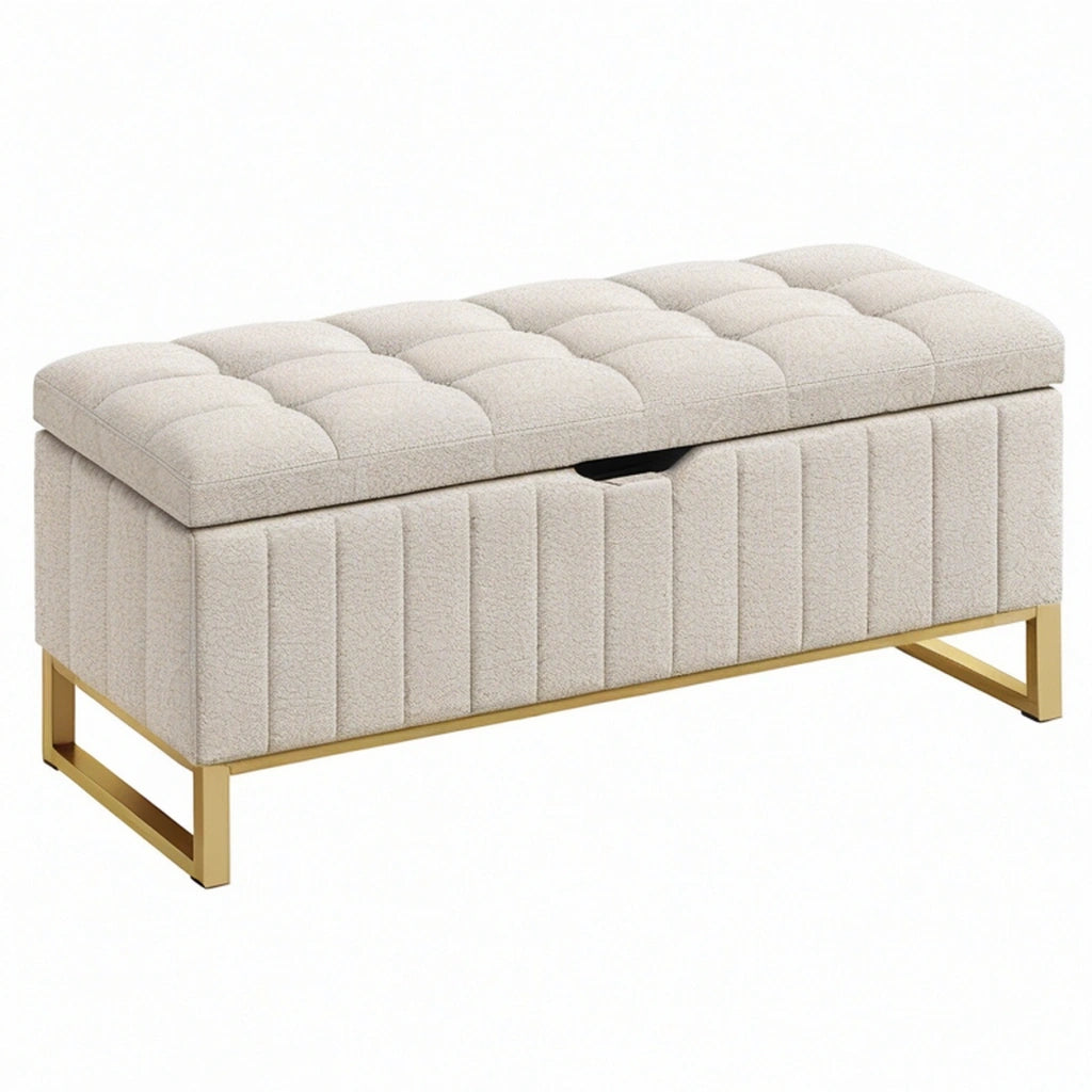 Panca contenitore 100 cm in tessuto beige con struttura in metallo dorato - seduta imbottita trapuntata