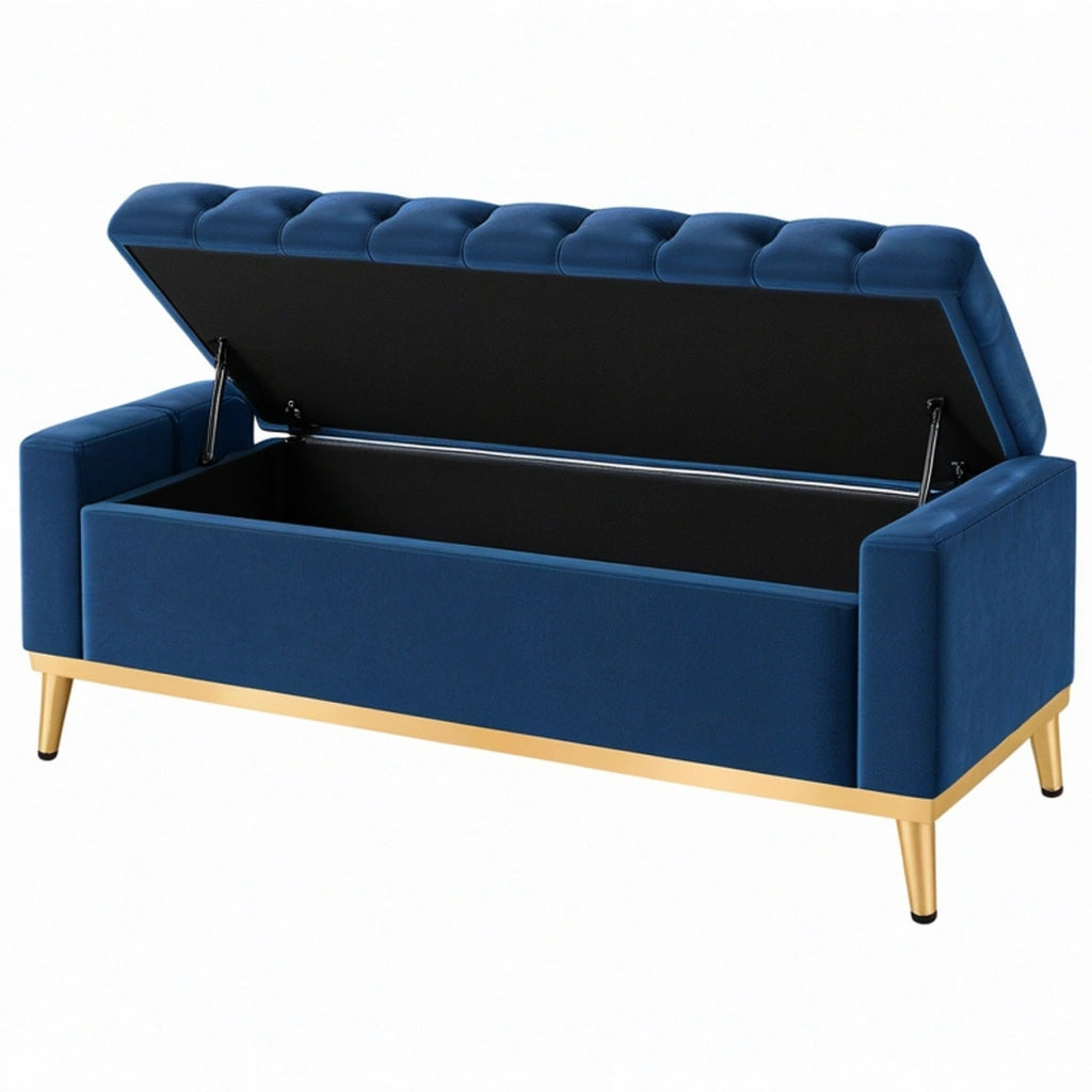 Panca contenitore 120x55x75 cm in velluto blu con seduta imbottita