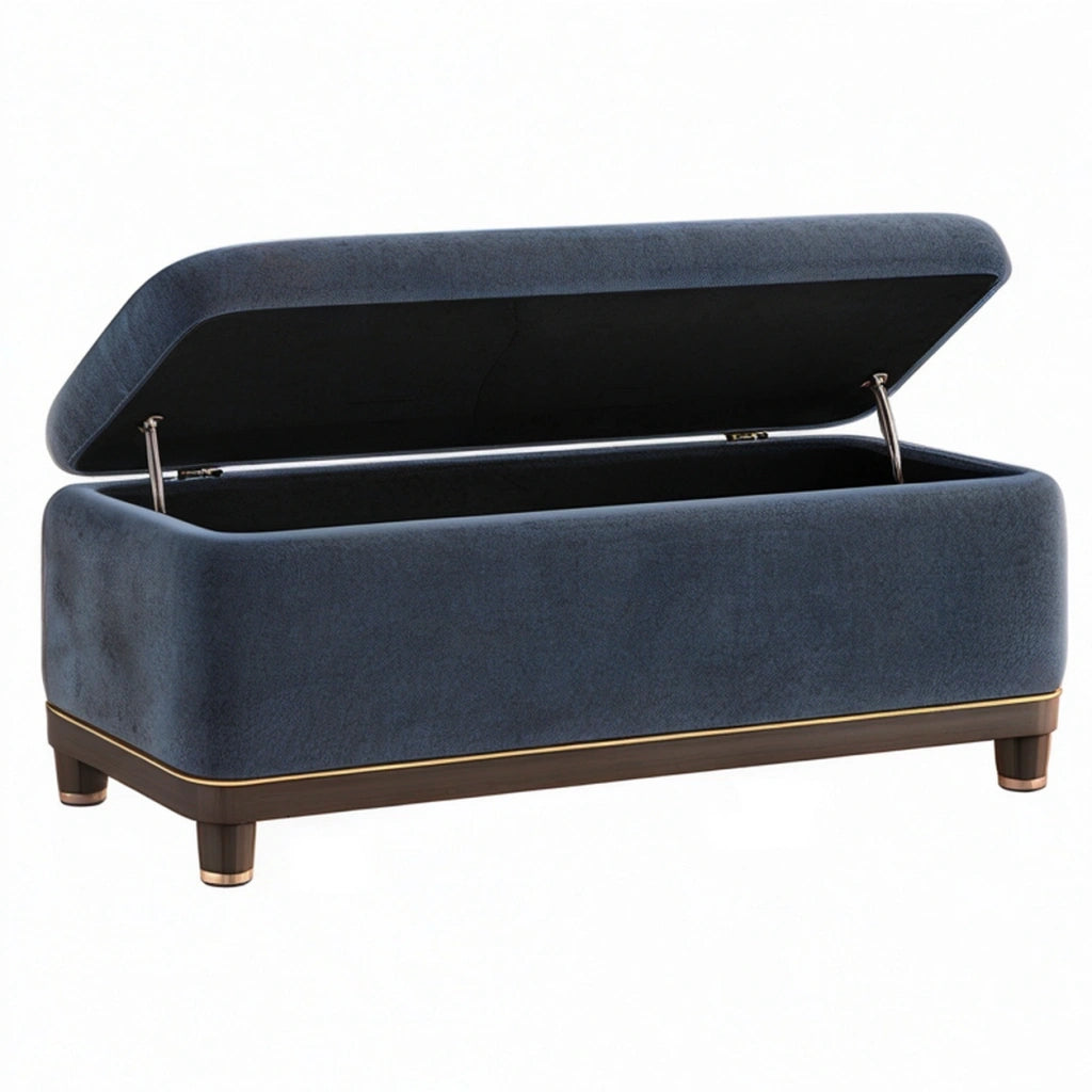 Panca contenitore 120 x 45 x 45 cm in velluto blu con vano portaoggetti stile moderno
