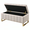 Panca contenitore 120 cm in tessuto beige con base in metallo dorato - imbottita