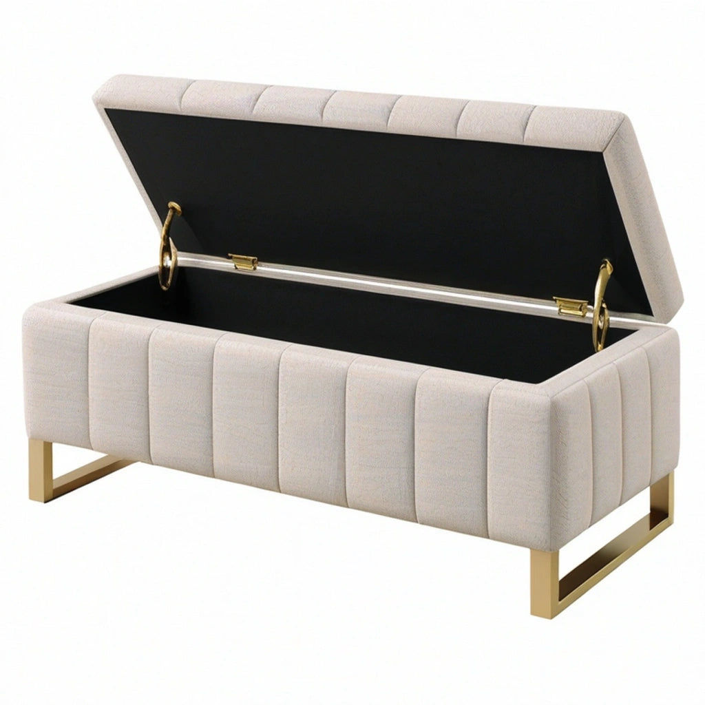 Panca contenitore 120 cm in tessuto beige con base in metallo dorato - imbottita
