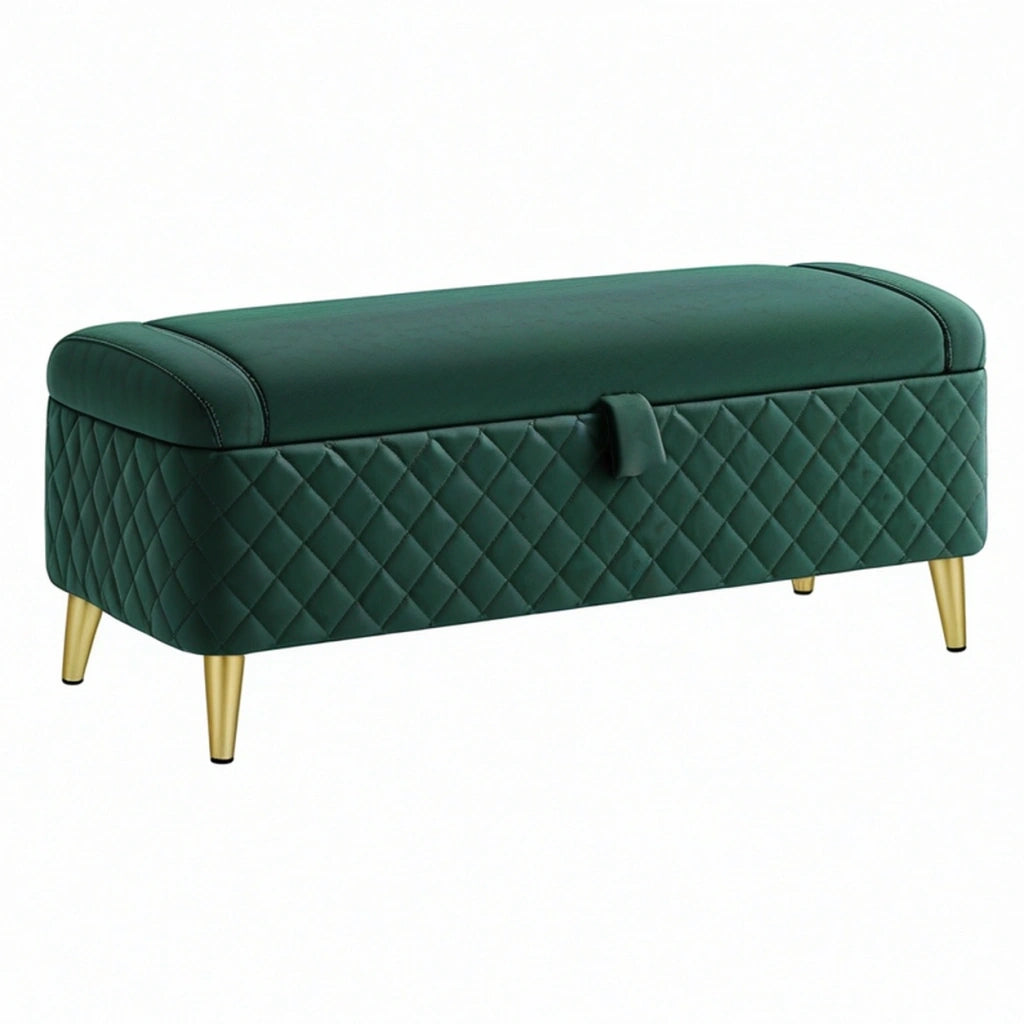 Pouf contenitore 120 x 45 x 48 cm in velluto verde trapuntato con gambe dorate stile moderno