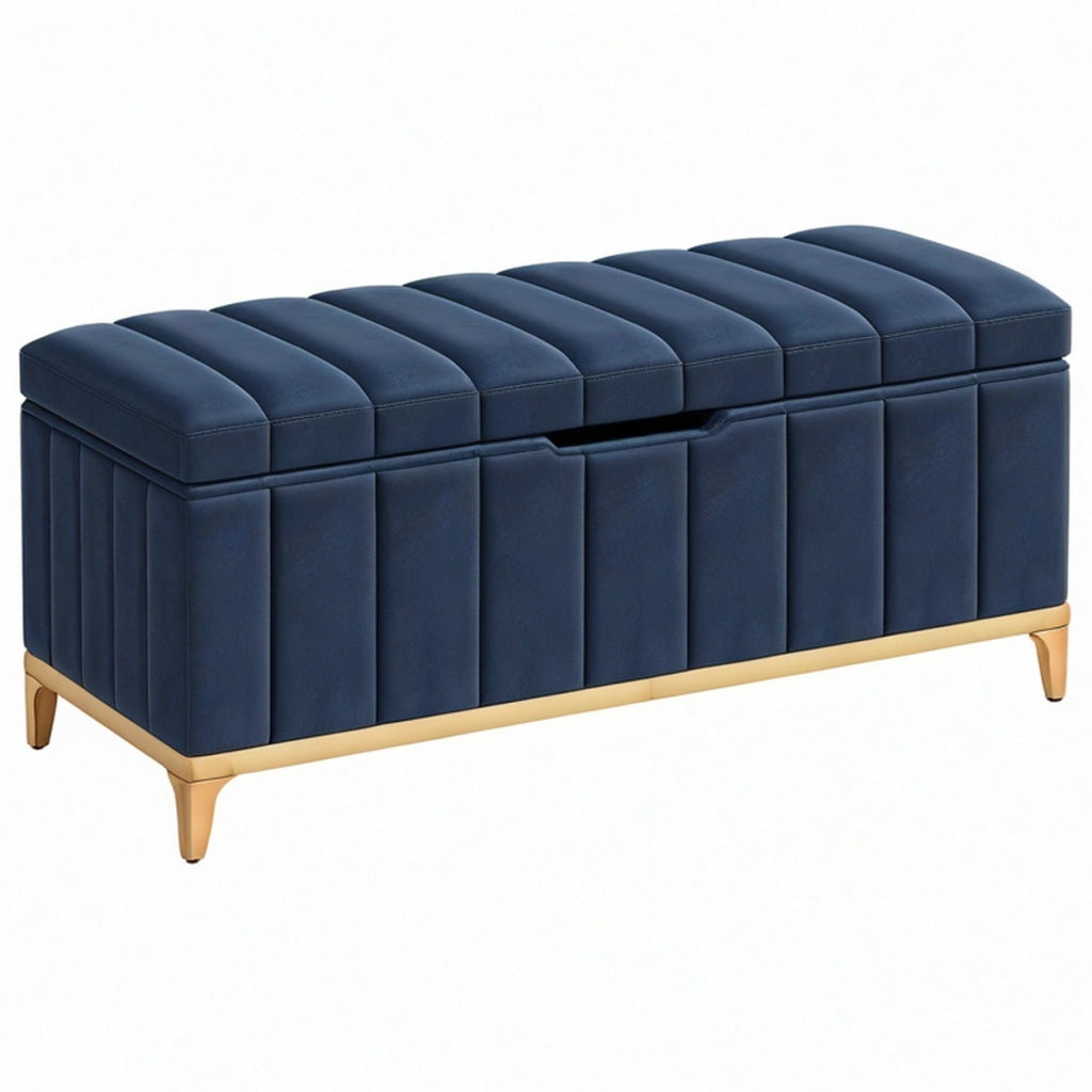Panca contenitore 100 x 40 x 45 cm in tessuto effetto velluto blu con piedi metallici dorati - imbottita a costine