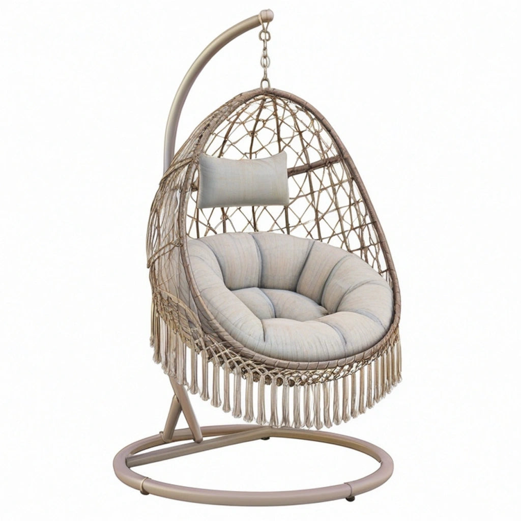 Poltrona sospesa 105 x 105 x 195 cm in metallo e intreccio effetto rattan beige stile boho