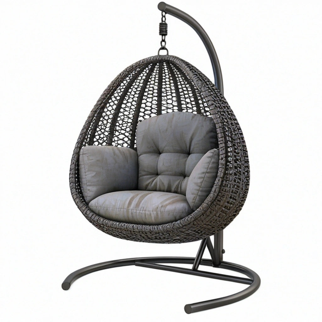 Poltrona sospesa 105 x 105 x 195 cm in rattan sintetico nero e grigio con supporto da giardino
