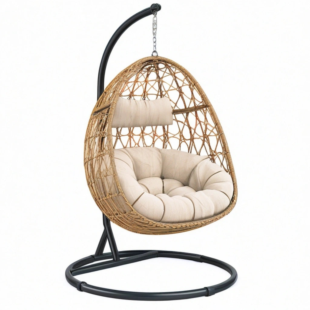 Poltrona sospesa da giardino 105 x 105 x 195 cm in rattan naturale con struttura in metallo nero