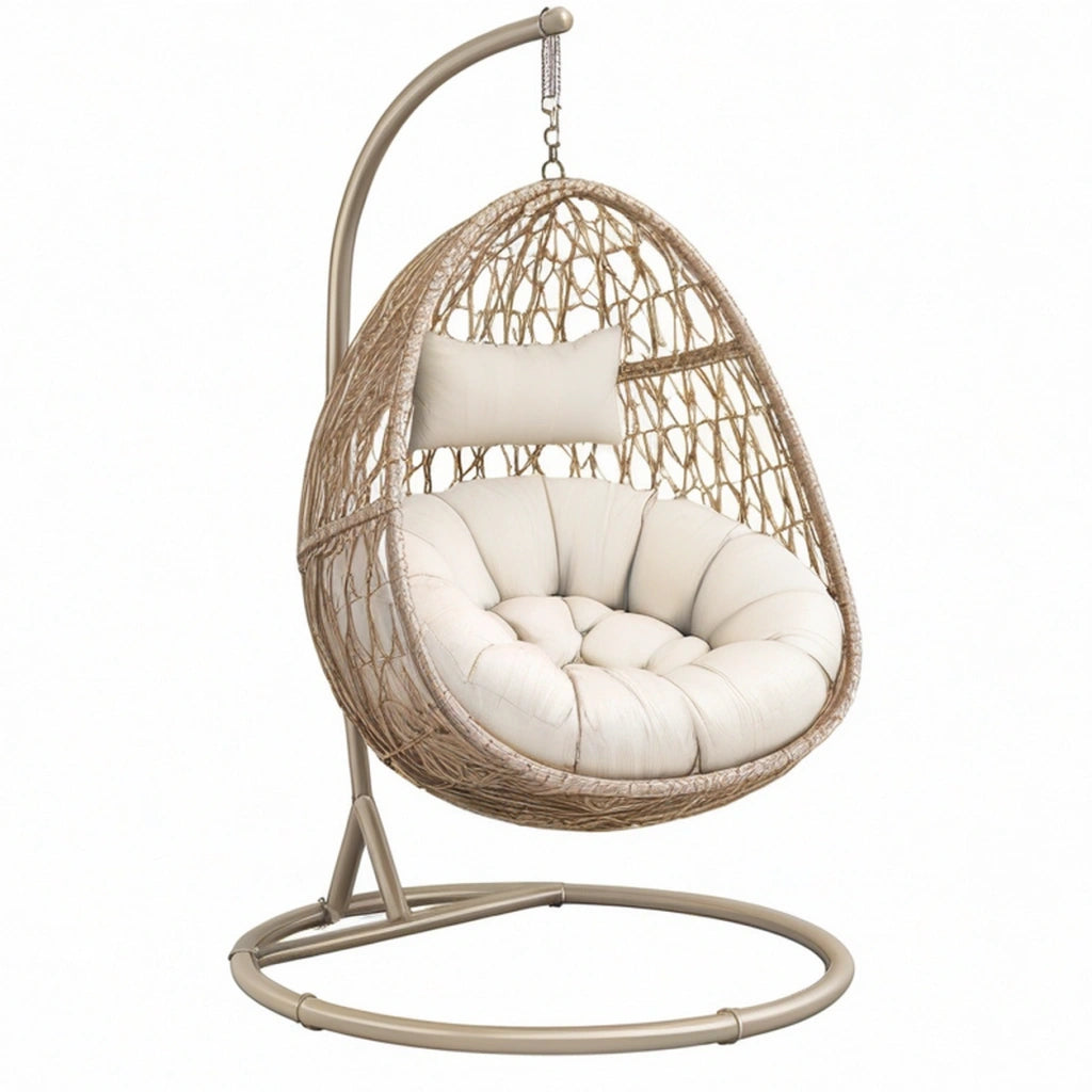 Poltrona sospesa 105 x 105 x 195 cm in rattan beige con struttura in metallo per interni e spazi coperti