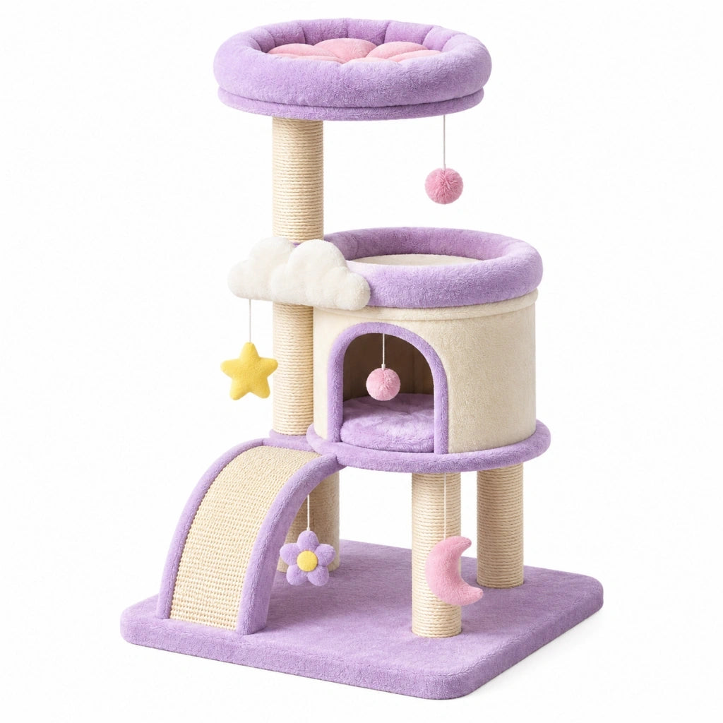 Tiragraffi per gatti 50 x 50 x 100 cm in sisal e peluche lilla beige con cuccia e piattaforme