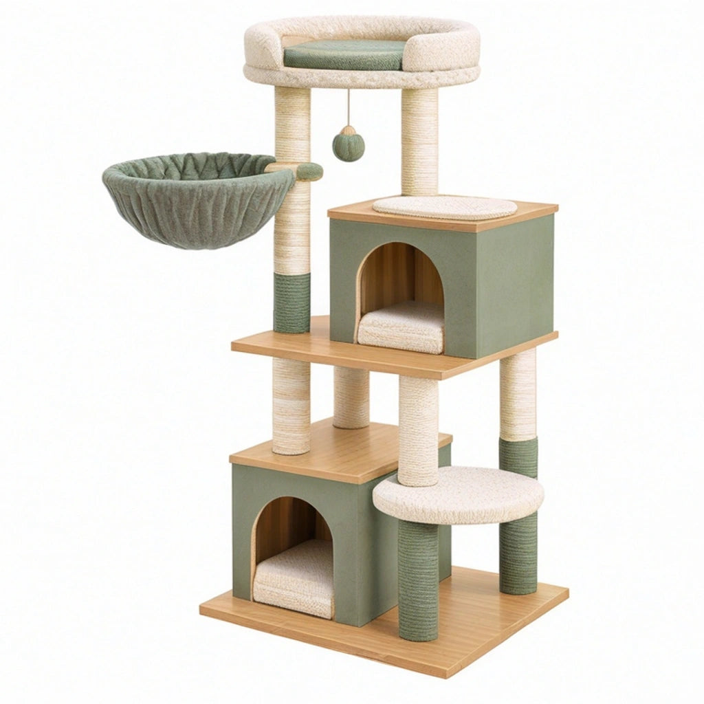 Albero tiragraffi per gatti 60 x 60 x 150 cm in legno beige e verde con cucce piattaforme e pali in sisal