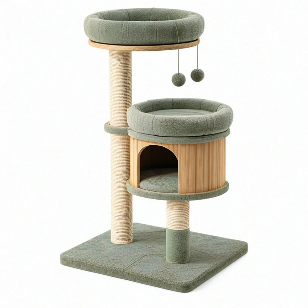 Tiragraffi per gatti 50 x 50 x 120 cm in legno e sisal verde con cuccia e piattaforme