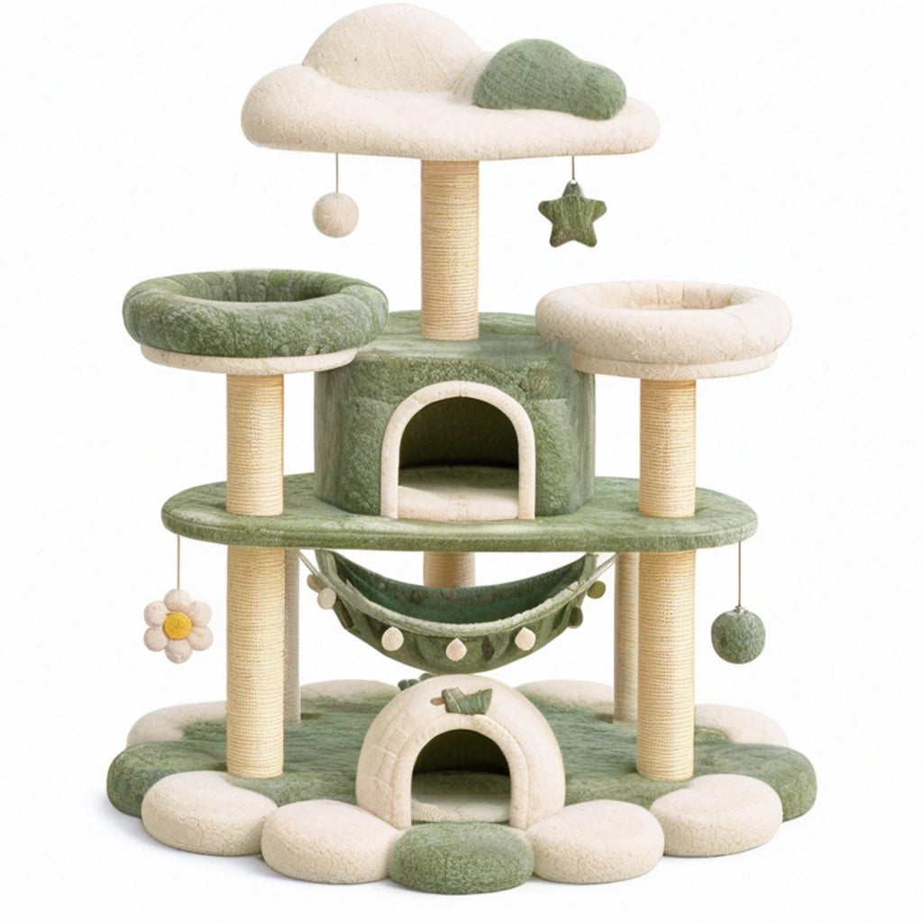 Tiragraffi per Gatti 100 x 60 x 150 cm in Peluche Verde e Beige con Amaca e Colonne in Sisal