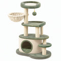 Tiragraffi per gatti 60 x 50 x 130 cm in tessuto verde e corda con cuccia e piattaforme