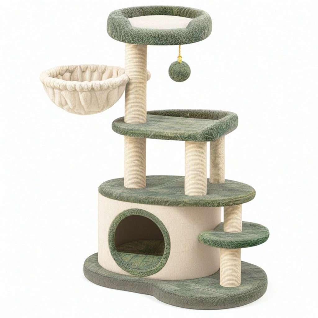 Tiragraffi per gatti 60 x 50 x 130 cm in tessuto verde e corda con cuccia e piattaforme