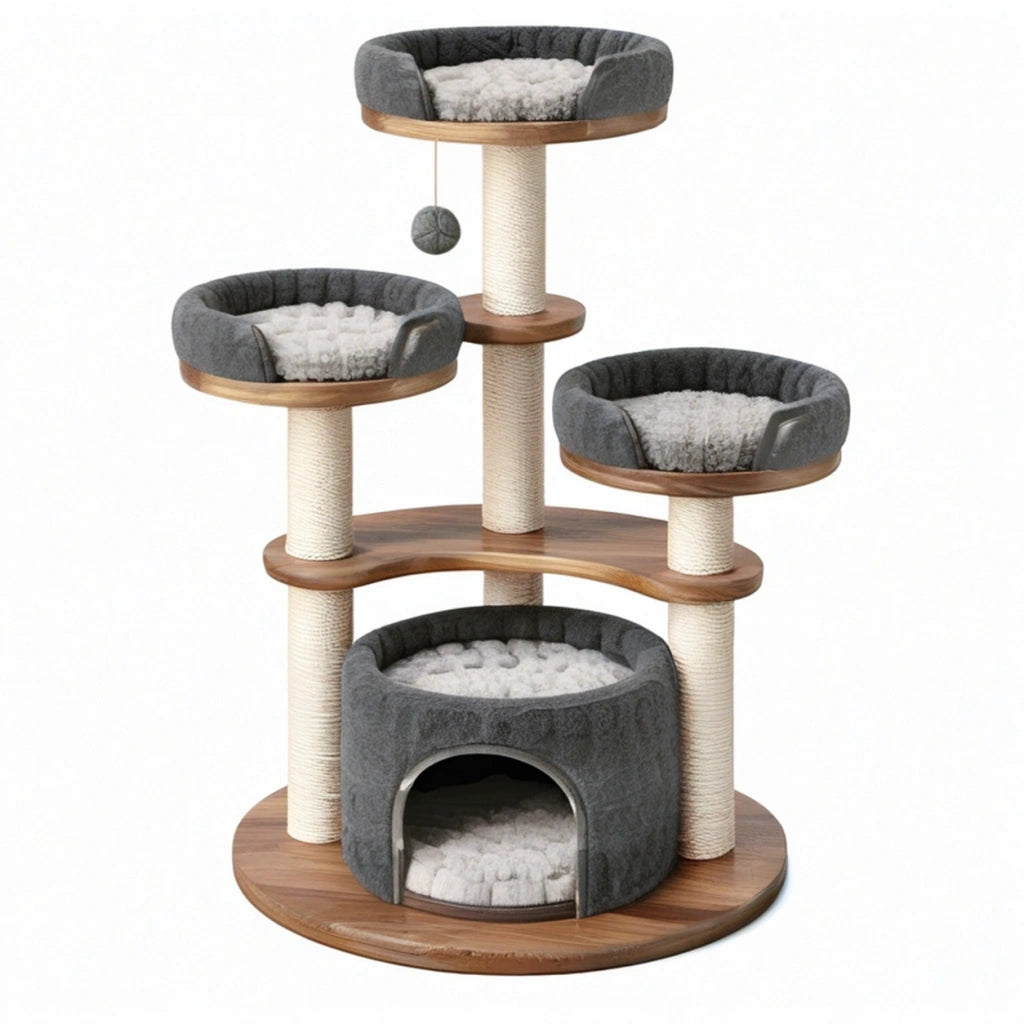 Albero tiragraffi per gatti 70 x 160 cm in legno grigio con rivestimento in sisal e cuccia