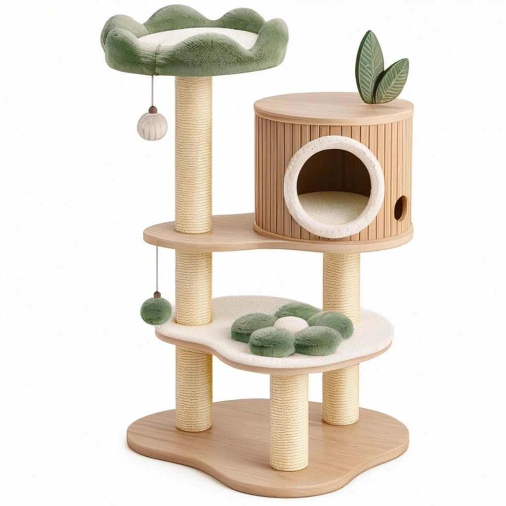 Tiragraffi per gatti 60 x 60 x 130 cm in legno beige e verde con cuccia e pali in sisal