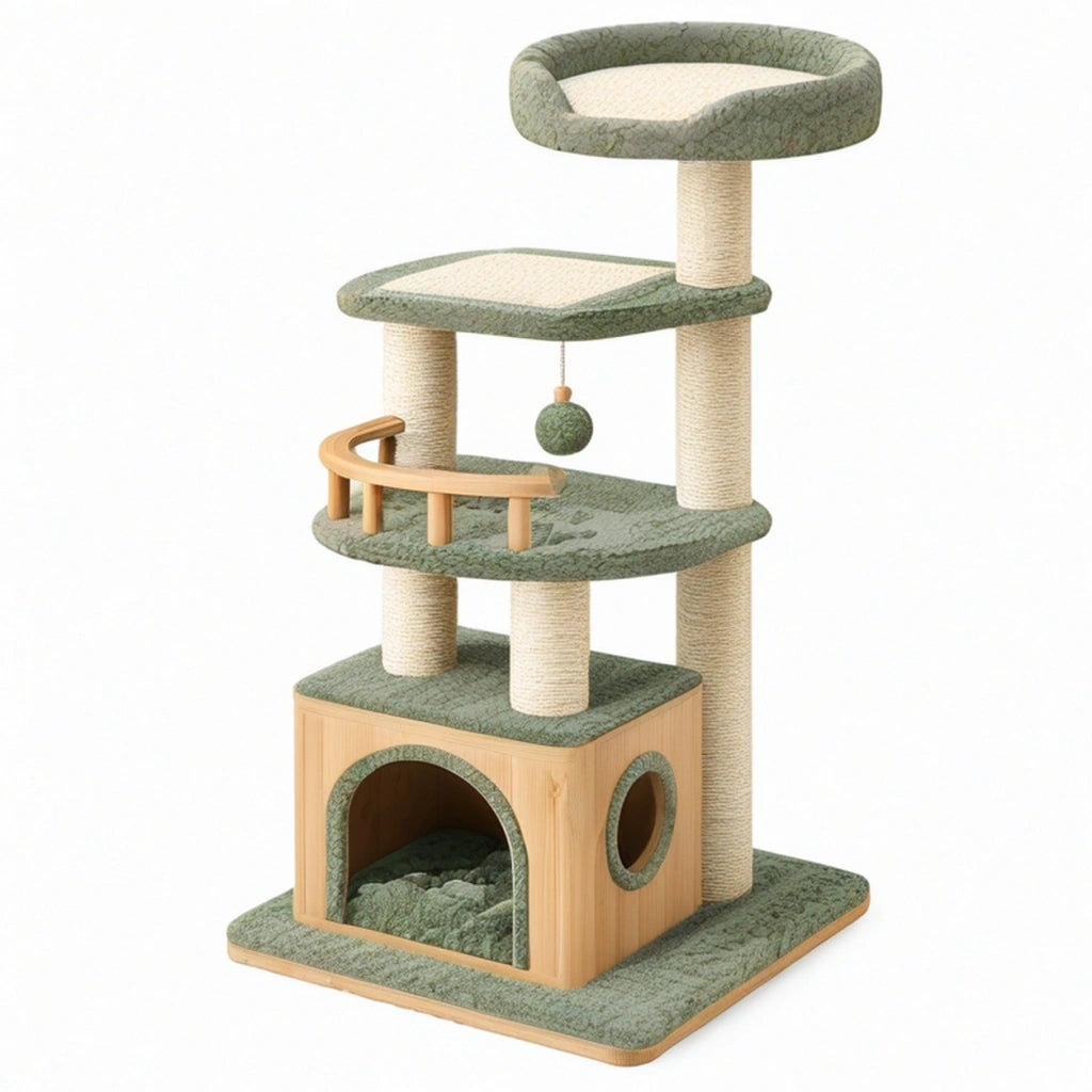 Albero tiragraffi per gatti 60 x 50 x 140 cm in legno sisal e tessuto verde beige con cuccia e piattaforme