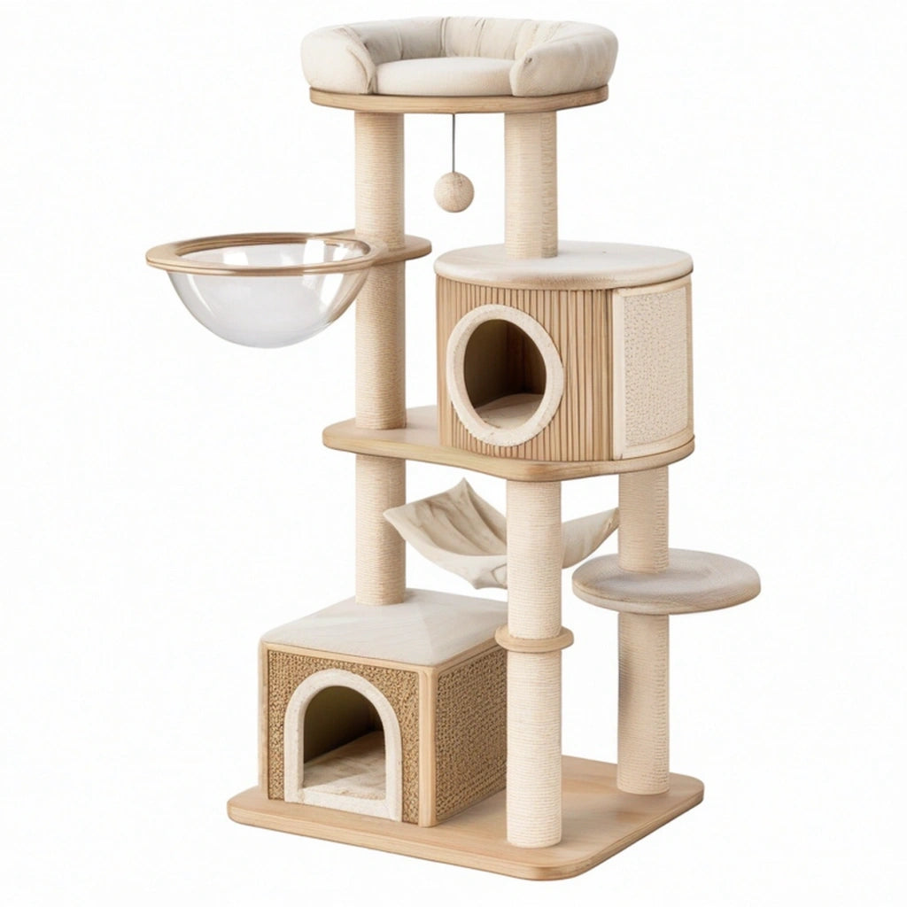 Tiragraffi per gatti 60 x 60 x 160 cm in legno beige con sisal e cucce