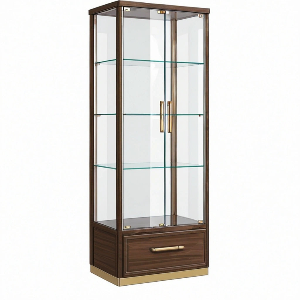 Vetrina 80 x 40 x 180 cm in vetro e legno marrone con ripiani e cassetto