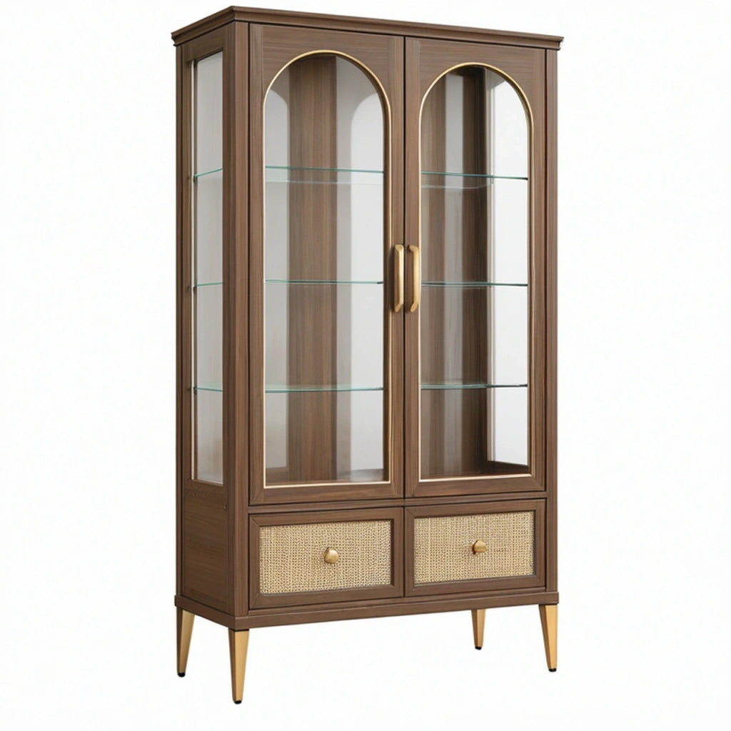 Vetrina 90 x 40 x 180 cm in legno marrone con vetro e cassetti stile rétro